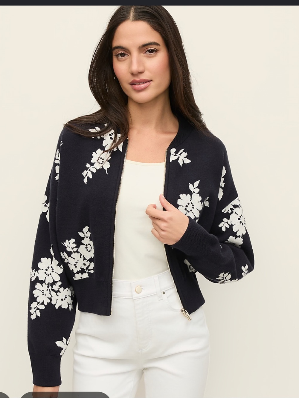 Ann Taylor Navy and White Floral Jacquard Bomber Cardigan Cotton Blend NWT Small